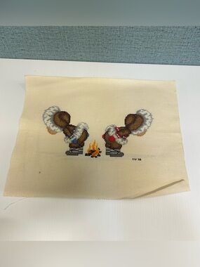 Vintage Completed Cross Stitch Inuit Children Warming by Fire 1998 Picture